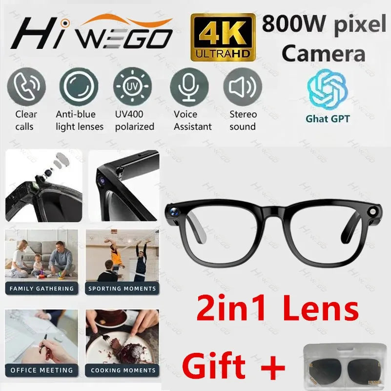 2 In1 4K Smart AI Glasses 800W Pixel AI Shooting Camera HD Photo Video Voice Call Translation Waterproof Bluetooth AI Glasses